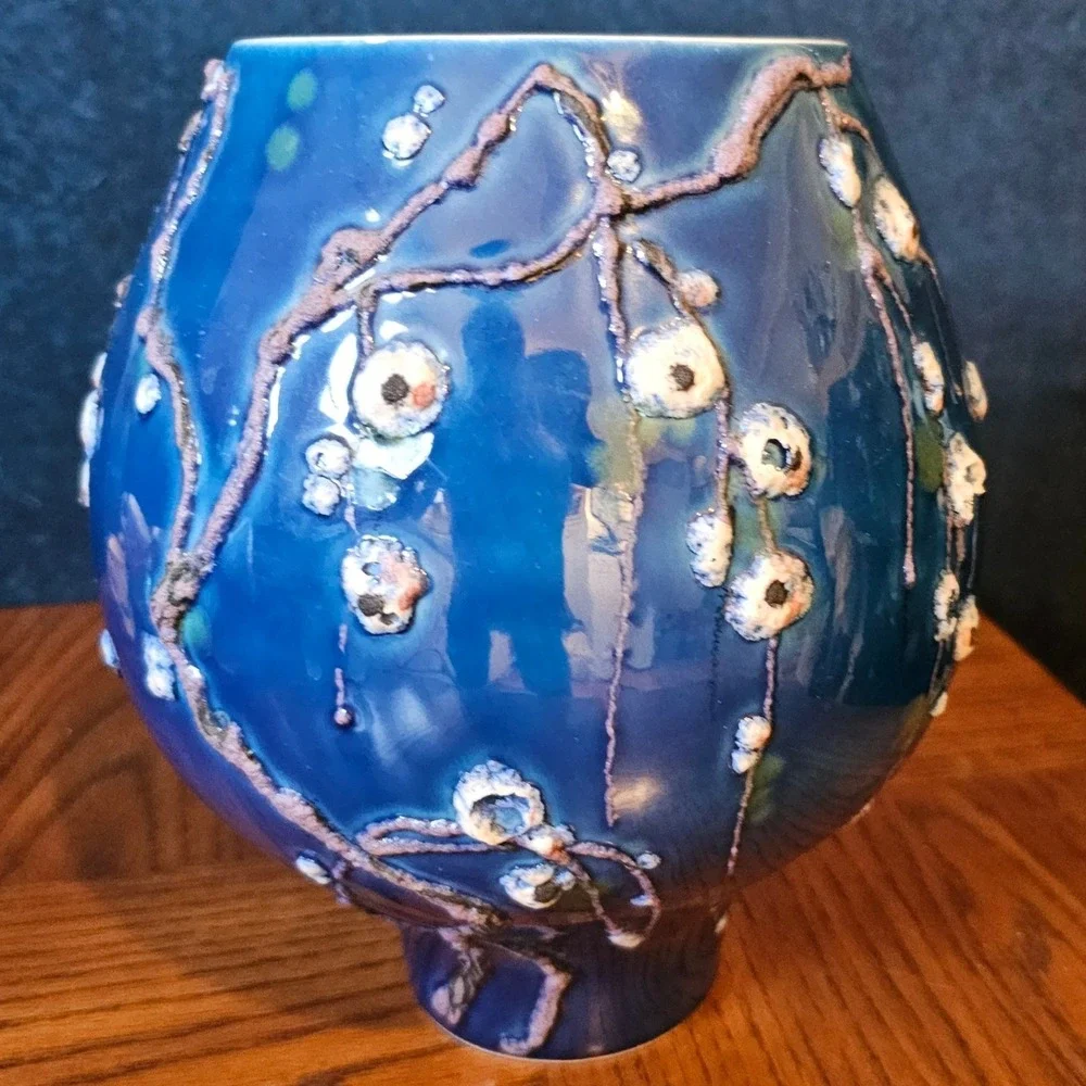 Vintage Italian Art Pottery Vase Cobalt Blue Textured Floral 184/1127 Italy 9in
